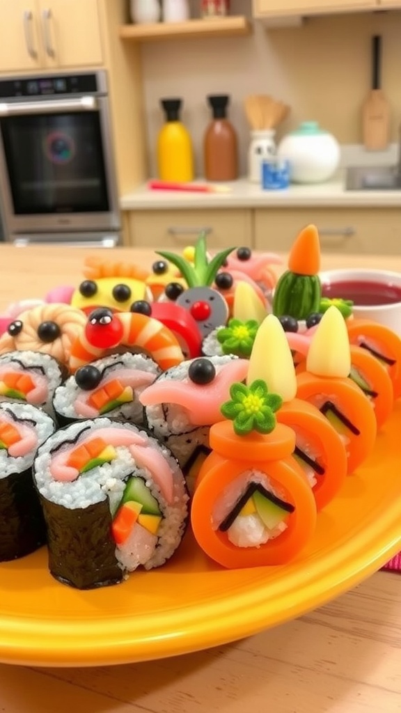 Adorable cartoon sushi rolls arranged on a plate, showcasing vibrant colors and playful designs in a cheerful kitchen.